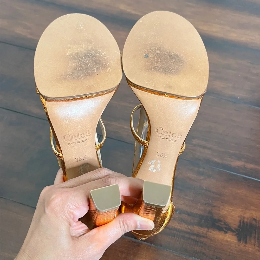 Chloe Women's Python Leather Sandals Heels Criss Cross Metallic Bronze size 36.5 - Picture 7 of 9